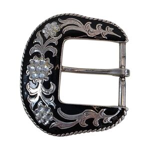 Western Silver Tone Rhinestone Belt Buckle Black Enamel